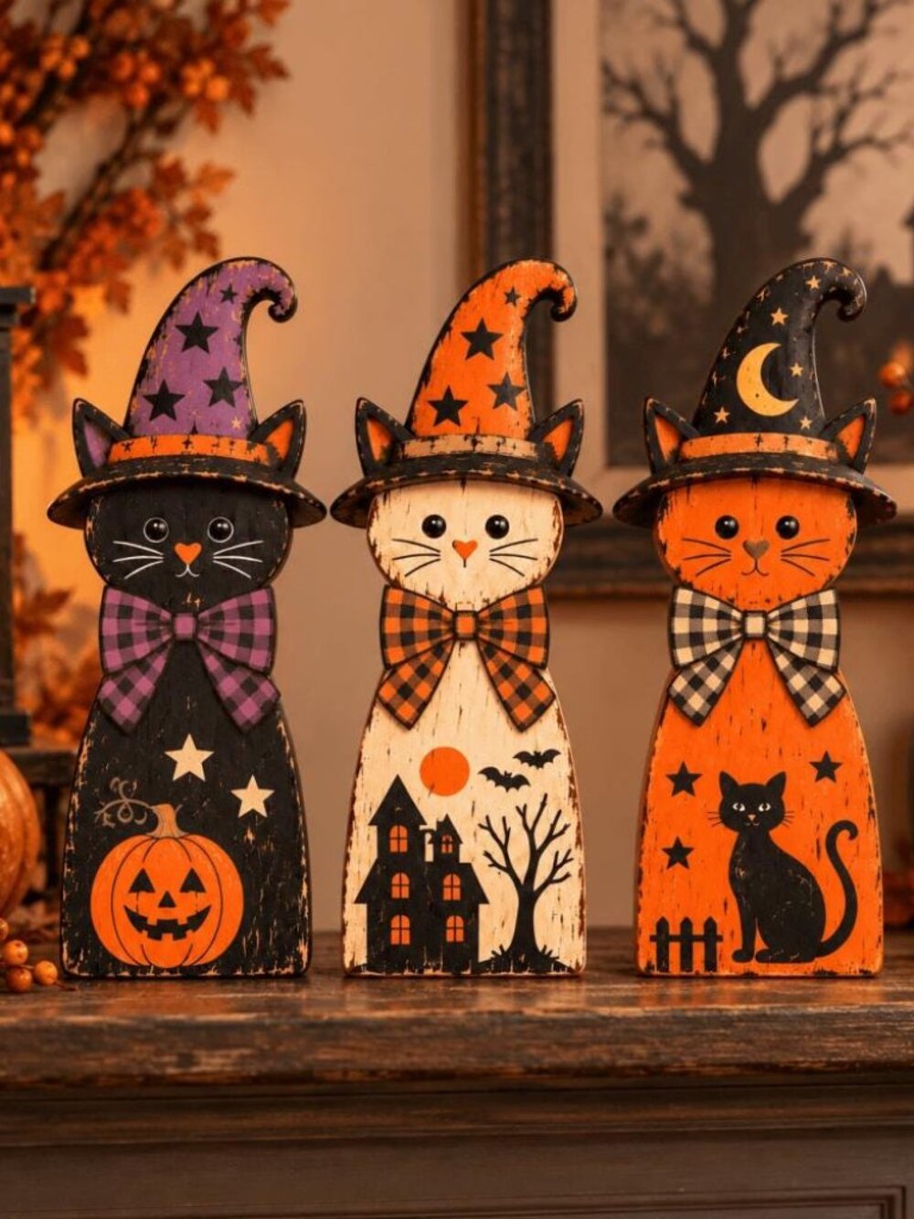 2D Wooden Cat Blocks, Halloween Wooden Rustic Shelf Sitter